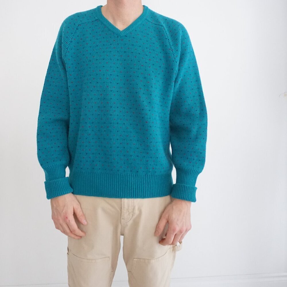 Vintage '90S Ingo Teal Green 100% Wool Eclectic Grandpa V-Neck  Sweater Medium